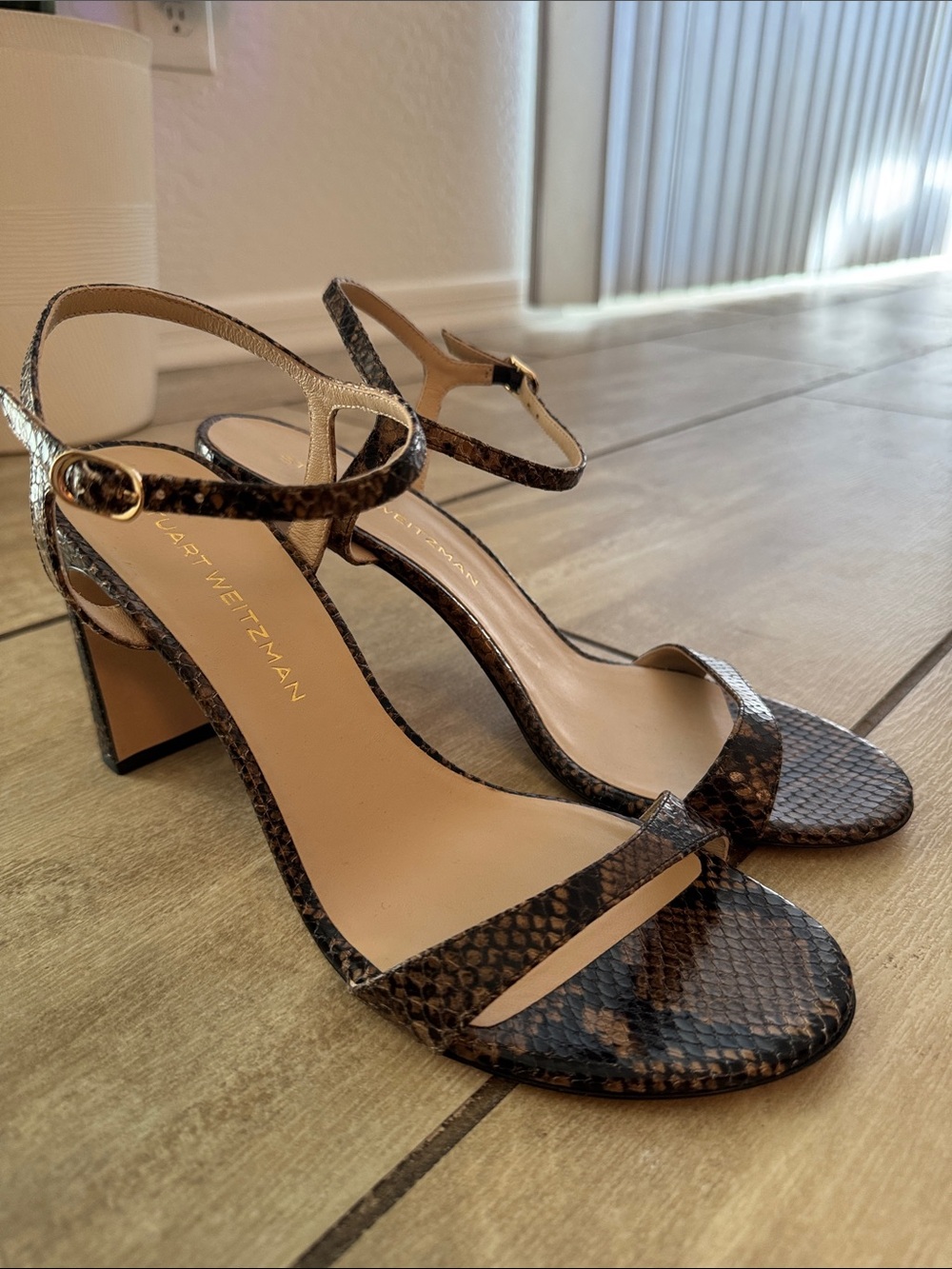 Stuart Weitzman Brown Snake-Print Strappy Block Heel Sandals